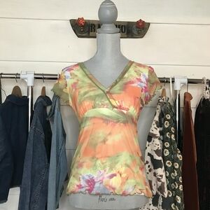 Papillon Blanc Colorful Floral Short Sleeve Blouse Womens Size Medium